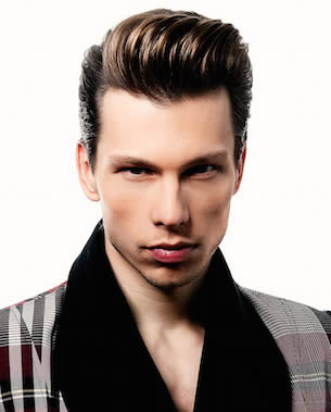 male model with pompadour and shawl collar jacket